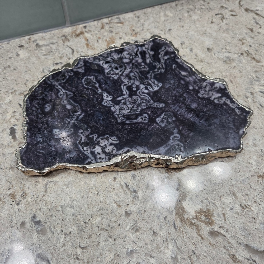 Vintage Anthropologie Agate Geode Slice Serving‎ Tray Gold Edge India